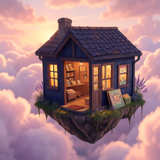 A warmly lit bookshop floating above lavender clouds.