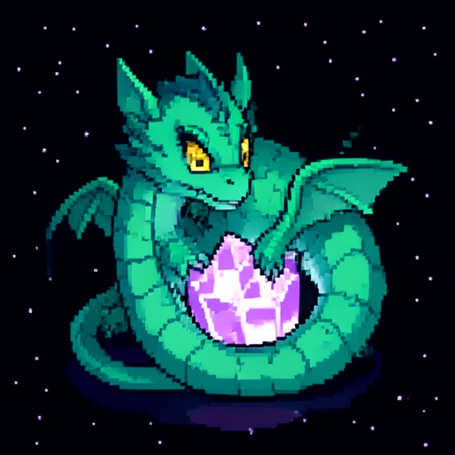 Emerald pixel art dragon curled around a glowing crystal.