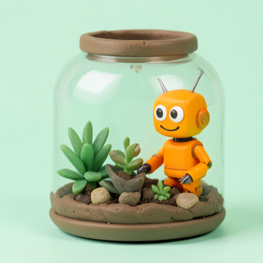 An orange miniature robot in a leafy glass terrarium.